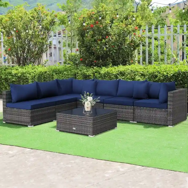 Patio Rattan Furniture Set Sectional Sofa Garden Cushion - 7 Pieces - Armless Sofa: 29