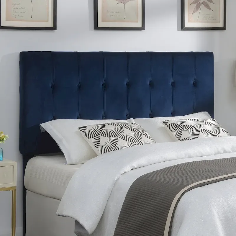 Navy Blue Velvet Queen Upholstered Headboard