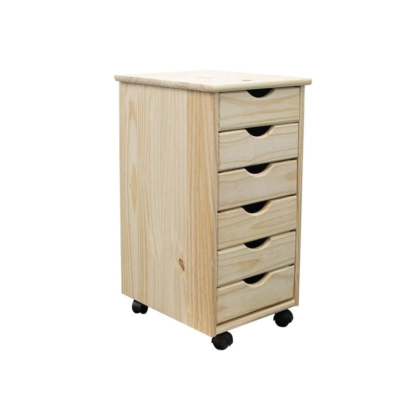 Solid Wood 6-Drawer Rolling Cart - Unfinished Natural, Mobile Storage, Craft Organizer, 15.4L x 25.4H