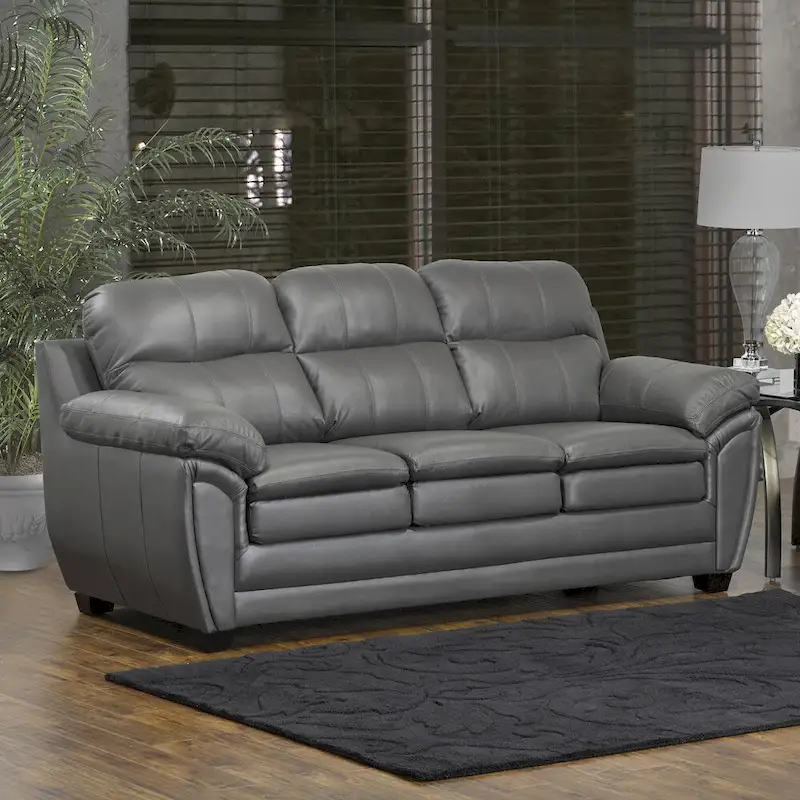 Grey Top-Grain Leather Sofa with Walnut Legs and No-Sag Springs – 3 Person