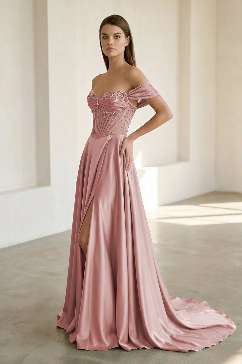 Sage Off The Shoulder A Line Satin Beaded Prom Dresses With Slit