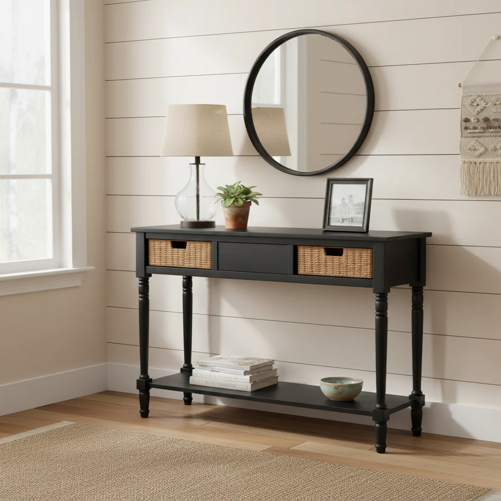 Distressed Black Console Storage Table - 44.5 x 13.4 x 31.5 - 45Wx13Dx32H
