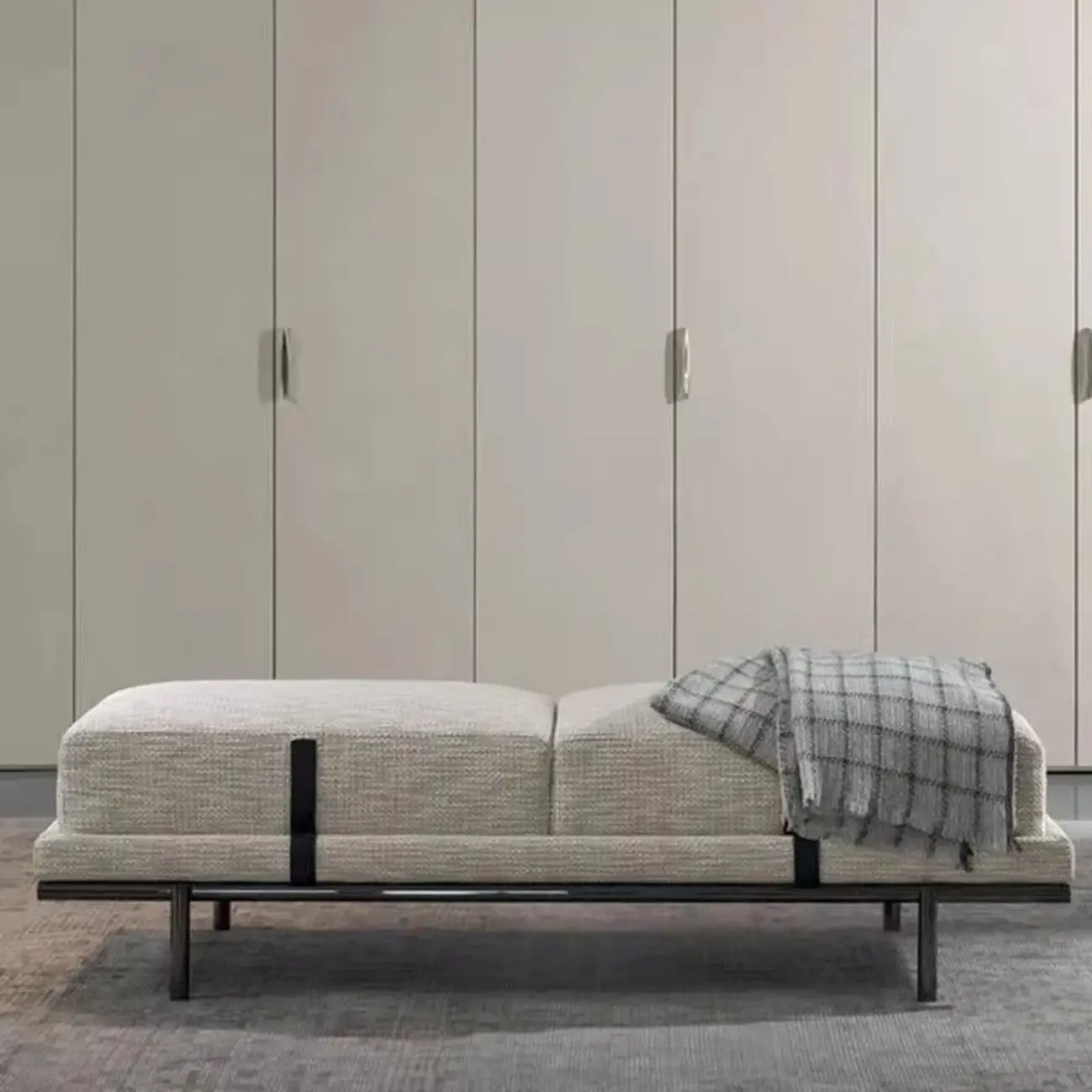 Scandinavian Grey Metal Upholstered Bedroom Bench