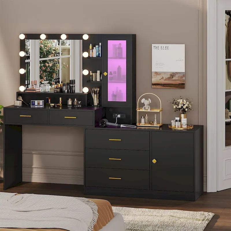 Makeup Vanity Desk Light Bulbs & RGB Cabinets Drawers Storage Shelves