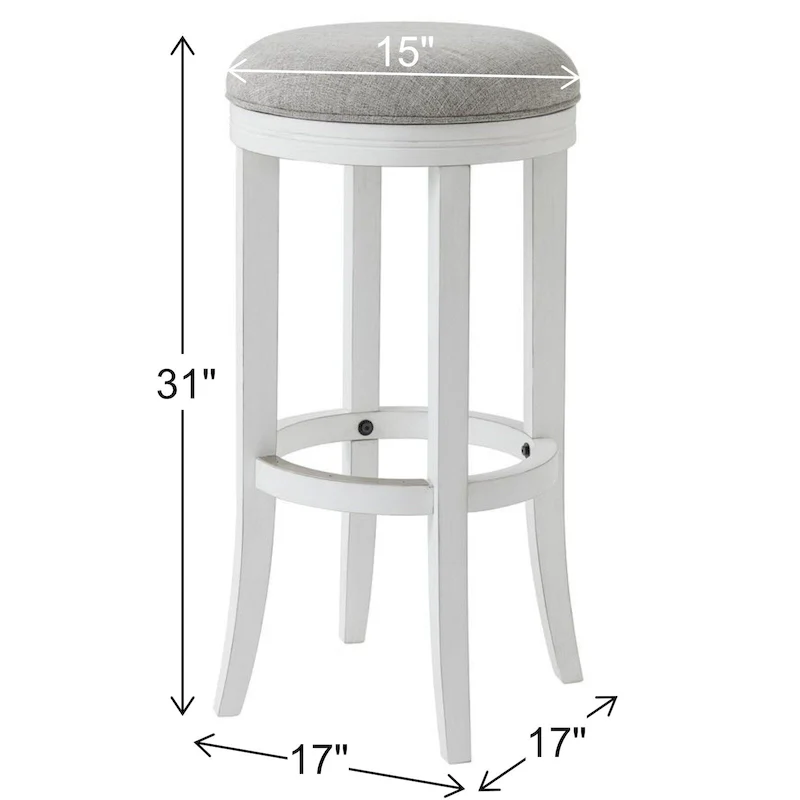 New Ridge Home Goods Avery White Wood Backless Swivel Bar Stool, Gray Fabric Seat