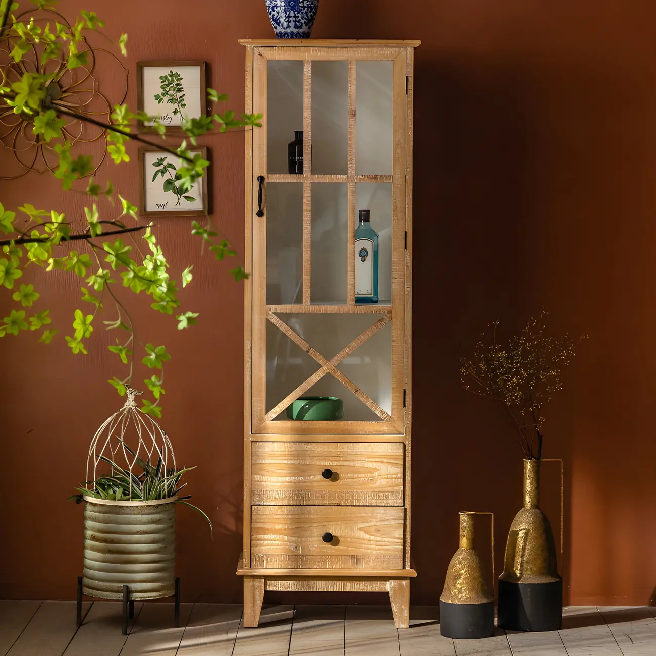 Natural Light Wood Glass Doors Standard Display Cabinet