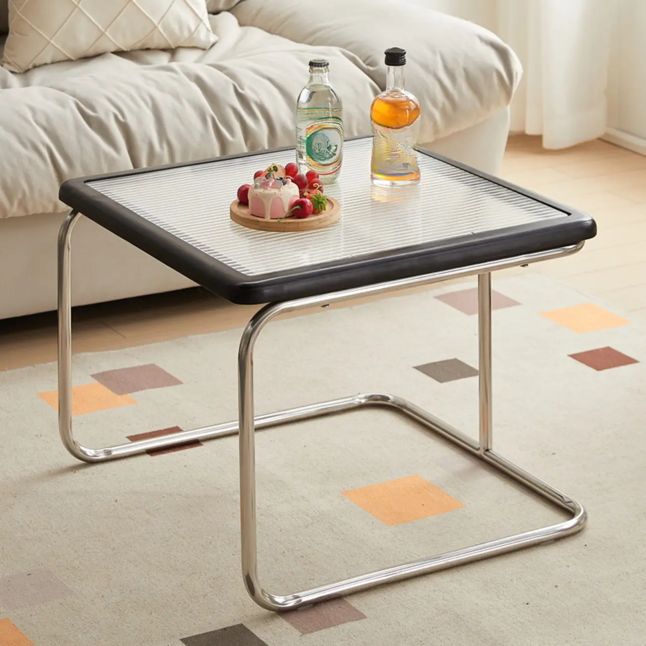 Cherry Finish Rattan Glass Square Nesting Coffee Table