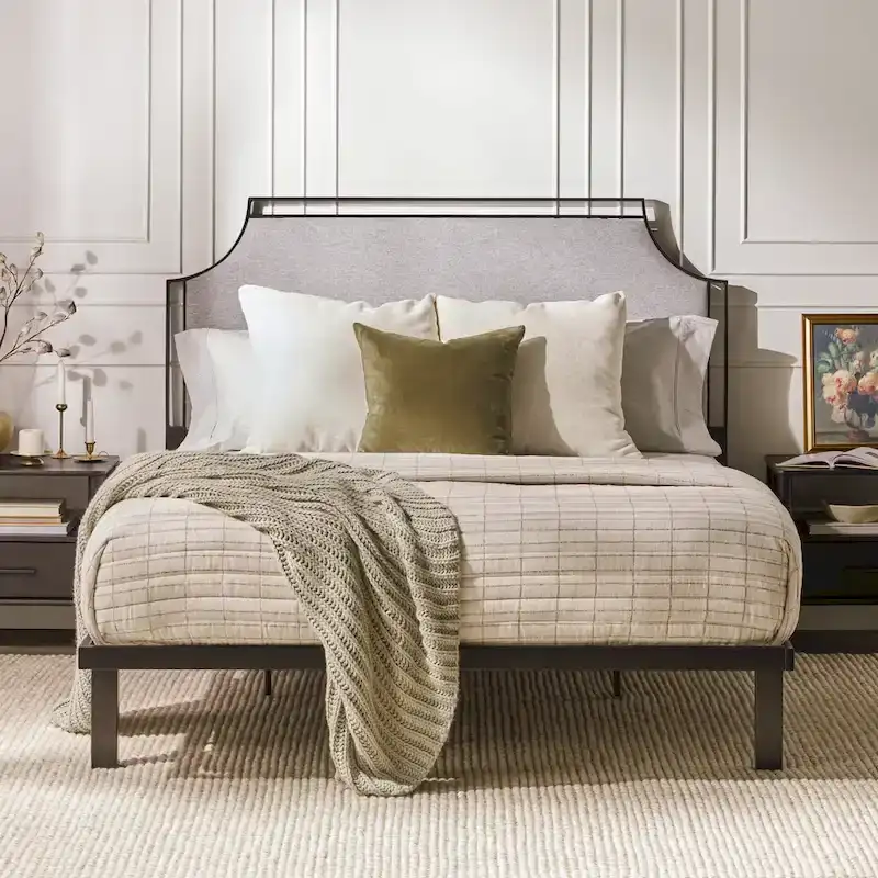 Upholstered Curved Metal Queen Bed Frame