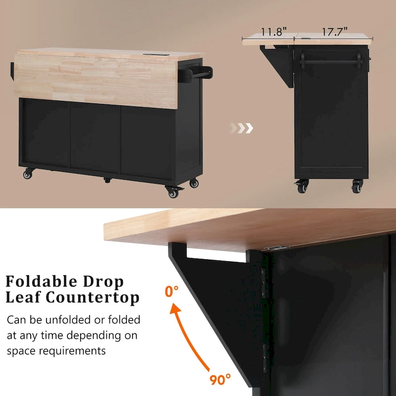 56.5 Kitchen Island with Drop Leaf and Charging Station, Rolling Kitchen Cart on Wheels with Drawers and Adjustable Shelves