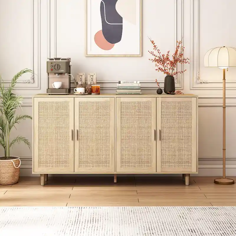 Elegant and Functional 4-Door Rattan Decorative Storage Cabinet,for Bedroom,Living Room,Office,Easy Assembly
