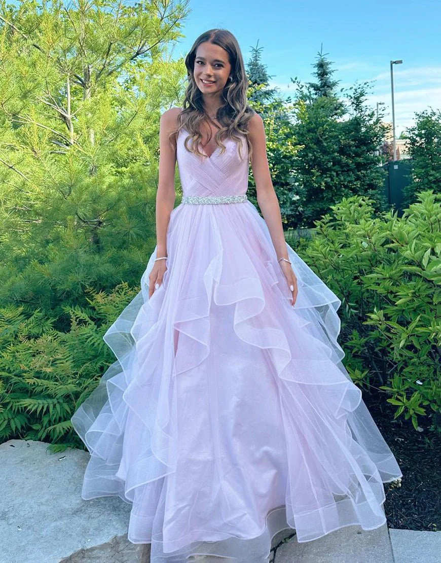 A-Line V-Neck Ruffled Tulle Prom Dress With Belt