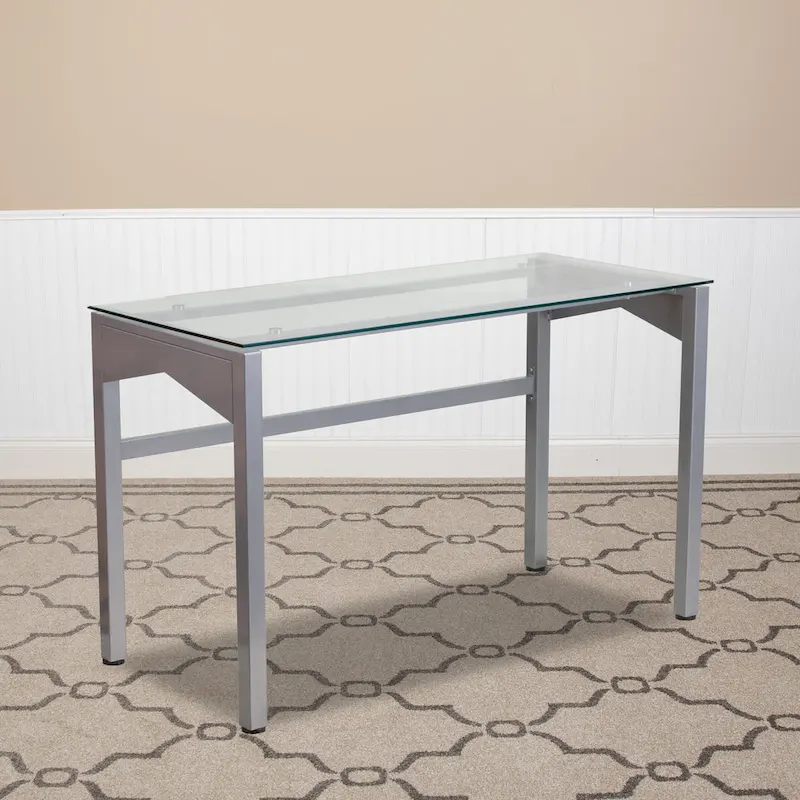 Contemporary Clear Tempered Glass Desk with Geometric Sides and Silver Frame