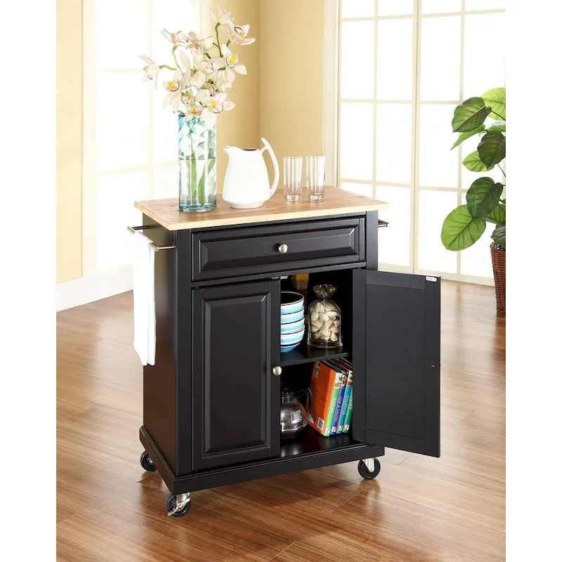 Black Wood Portable Kitchen Cart/Island with Natural Wood Top - 31W x 18D x 35.5H