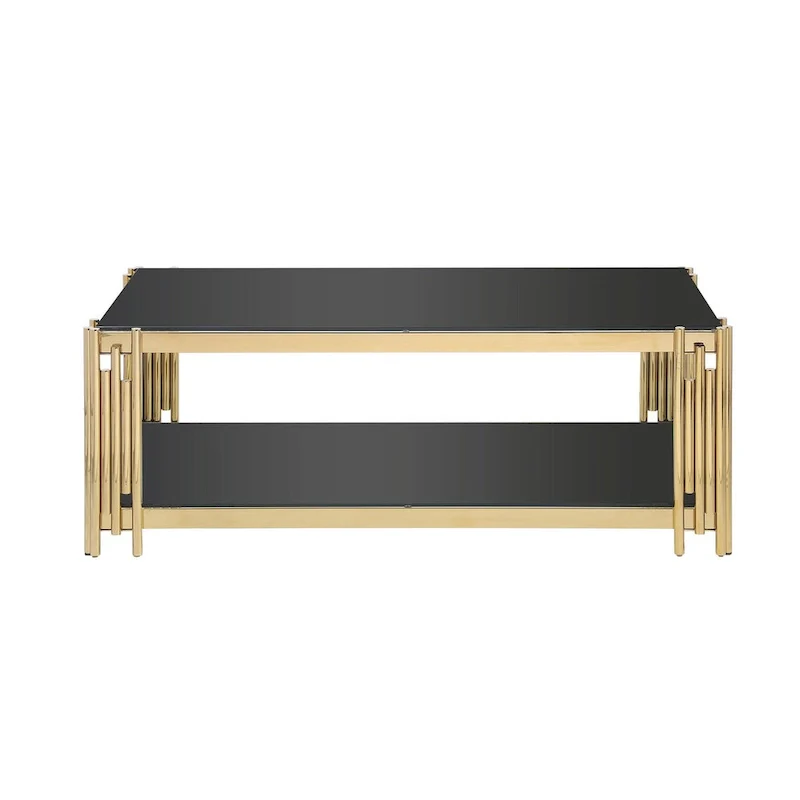 48  Wide Rectangular Coffee Table with Glass Top, Stainless Steel Double-Layer Coffee Table