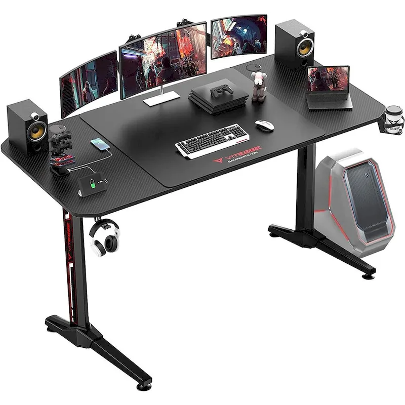 BOSSIN Ergonomic Gaming Desk T-Shaped Office PC Computer Desk with Full Desk Mouse Pad, Handle Rack, Cup Holder Headphone Hook