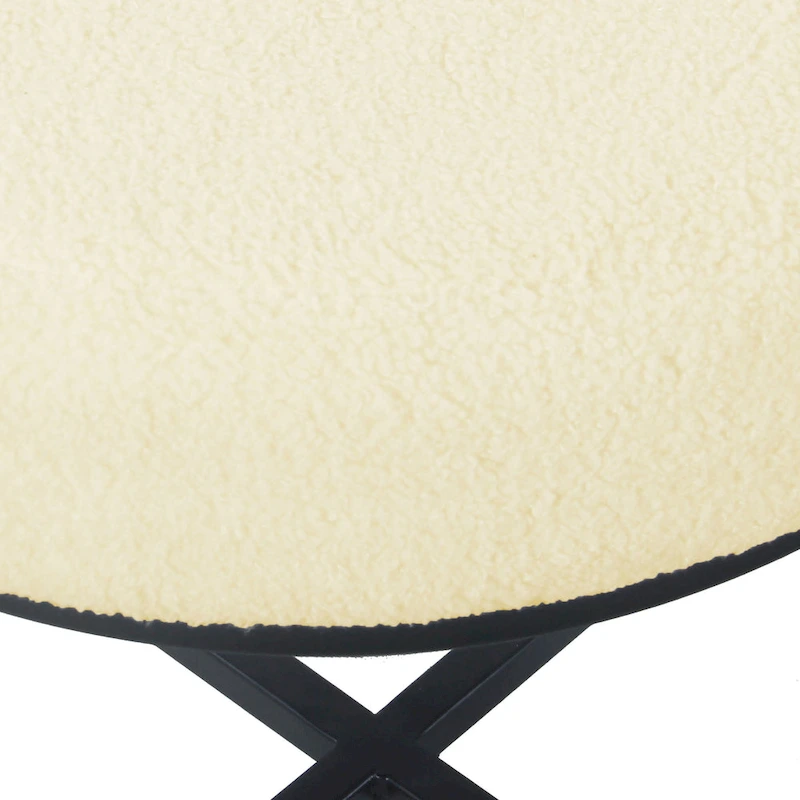 Round Upholstered top Ottoman on metal frame - Cream Faux Sheepskin