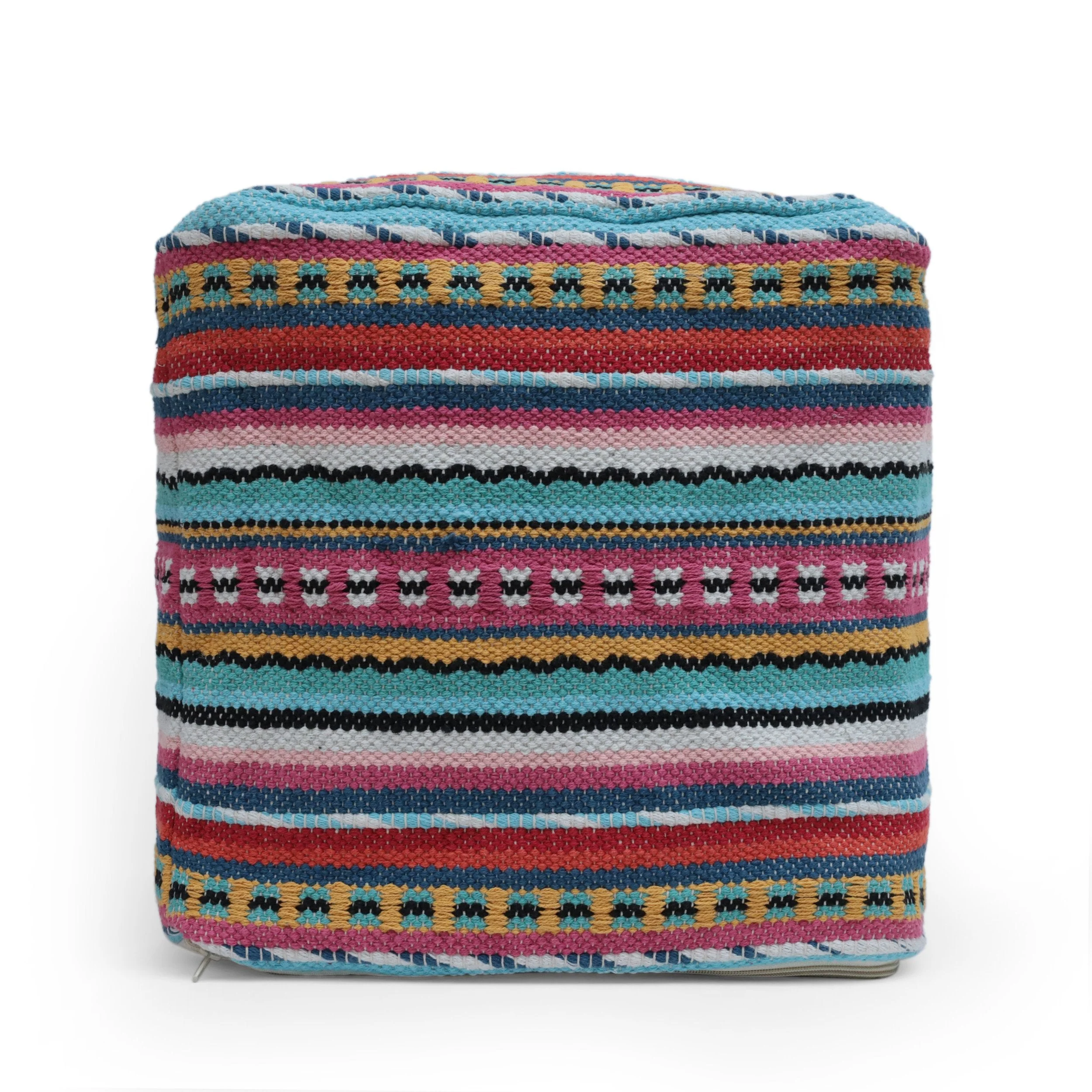 Boho Handcrafted Peruvian Print Cube Pouf - NH615413