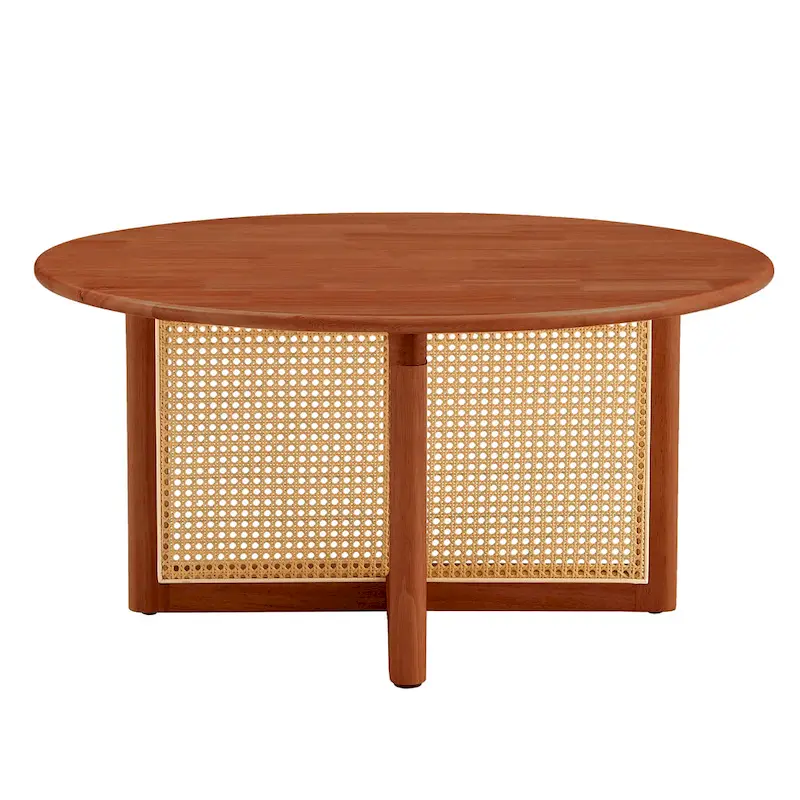 wooden coffee table with faux rattan accents