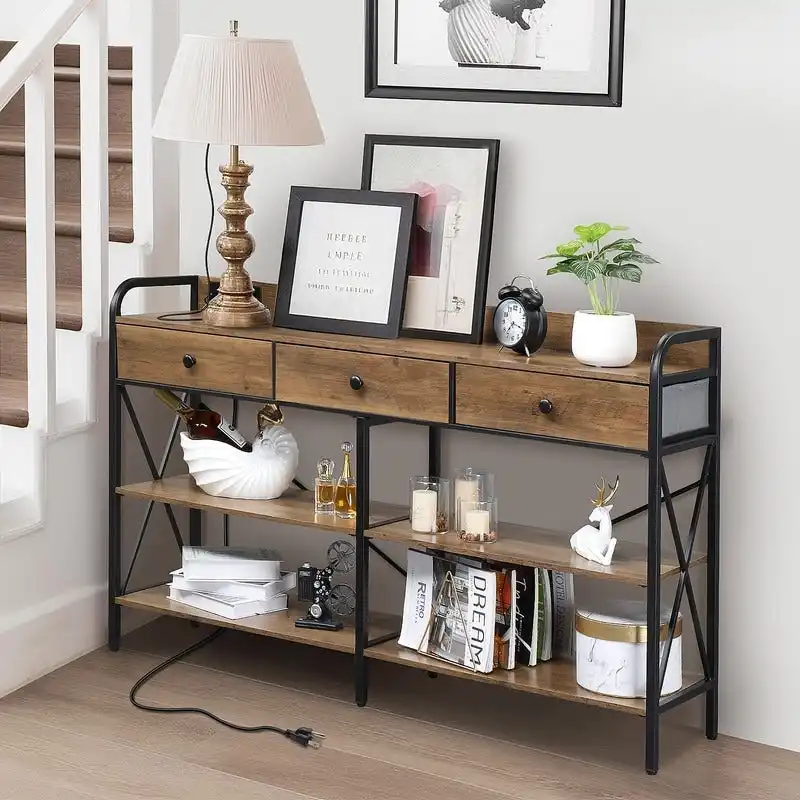 Narrow Console Table with 3 Drawers and Charging Station