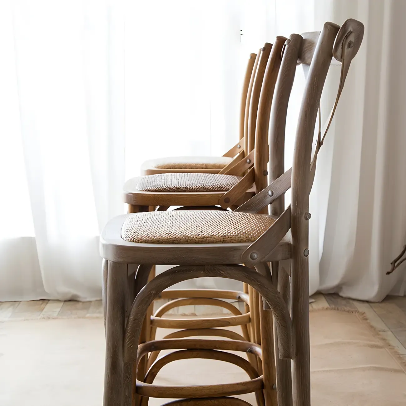 Rustic Solid Wood Wicker Cross Back Bar Stool in Brown/ Grey