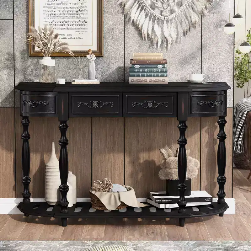 TUYOHW 52 Classic Curved Console Table with 4 Drawers and Lower Shelf,Solid Wood Entryway Table with Ample Storage for Hallway,Living Room