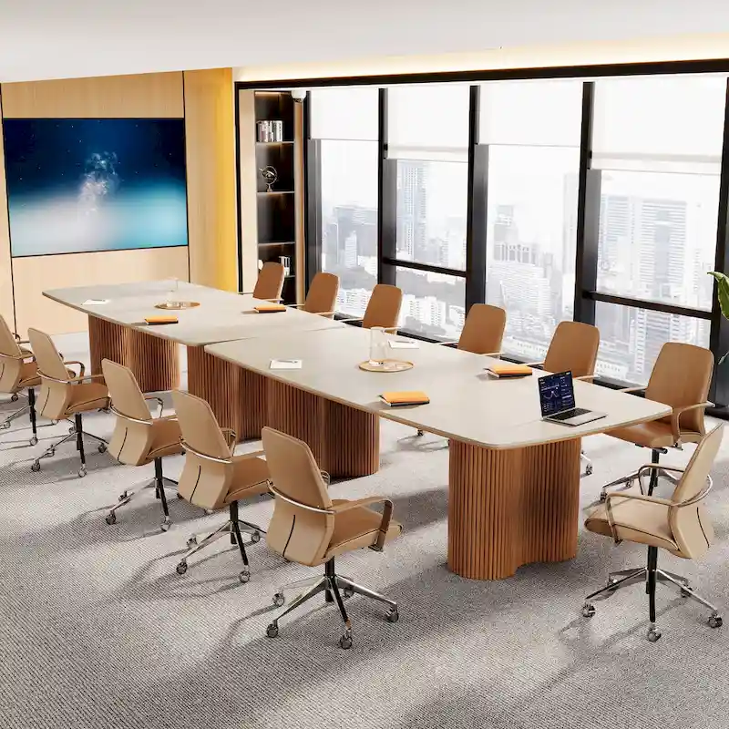 6.5 ft Conference Table with Sintered Stone Top & Wave Stripe Solid Wood Base