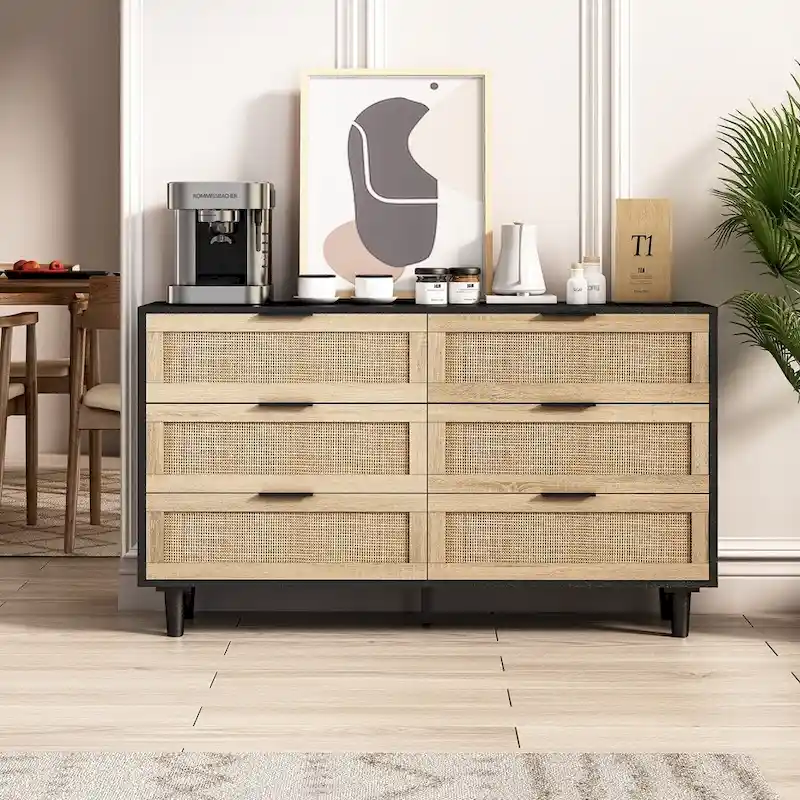 Black & Natural / Natural Rattan 6-Drawer Storage Dresser, 1-Person Use