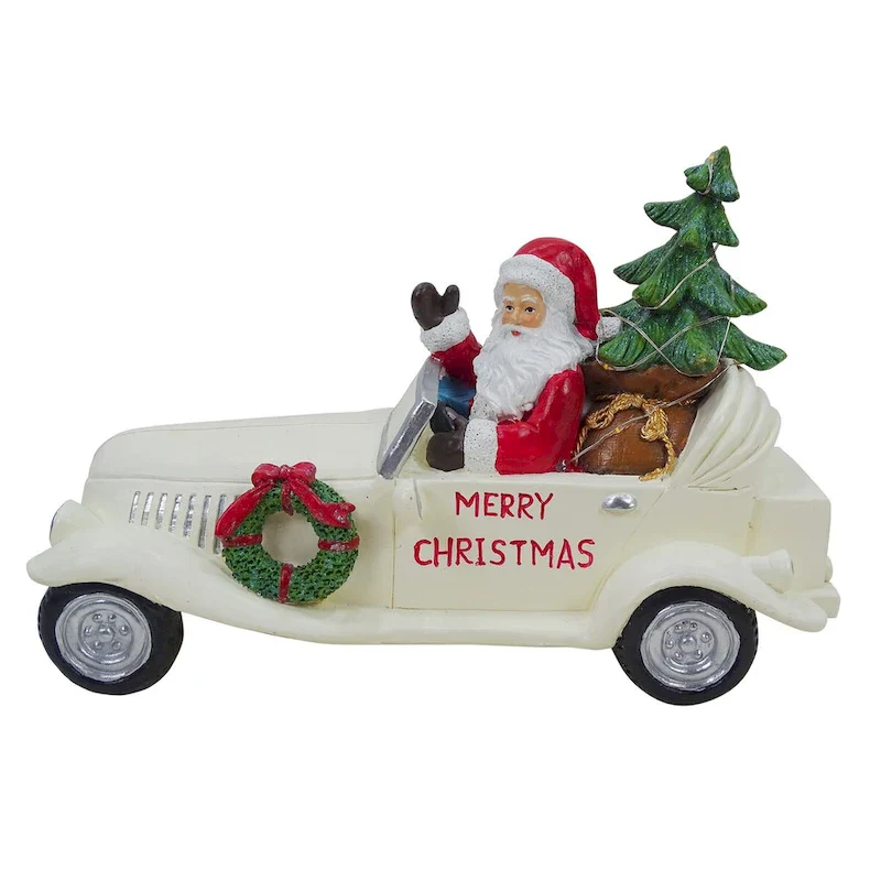 Merry Christmas Santa in Vintage White Car Statue w/LEDs - 7  H