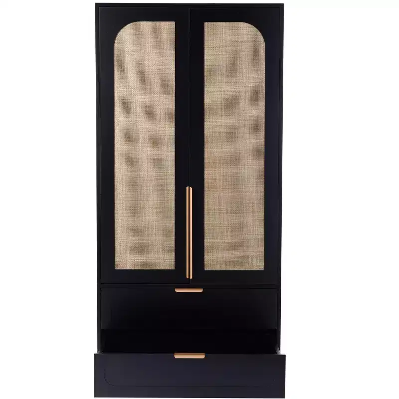 AEELLEEA 65 Black 2-Door Armoire Wardrobe with 2 Drawers: Rattan Accent & Magnetic Lock