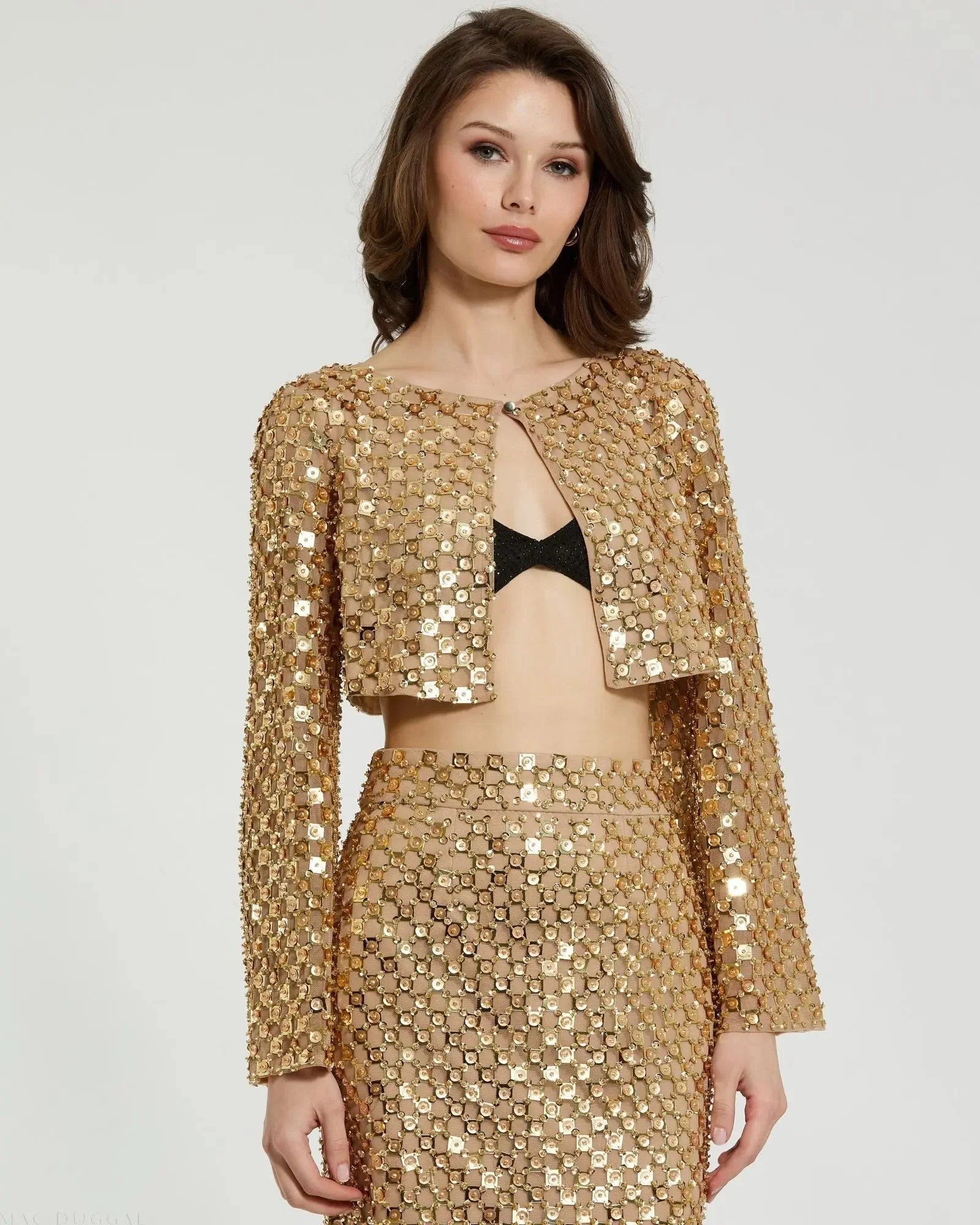 Gold Beaded Sequin Georgette Long Sleeve Cardigan