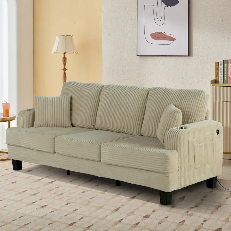 Black / Beige / Dark Gray Modern Corduroy 3-Seater Sofa with USB Ports, Cup Holders & 2 Pillows