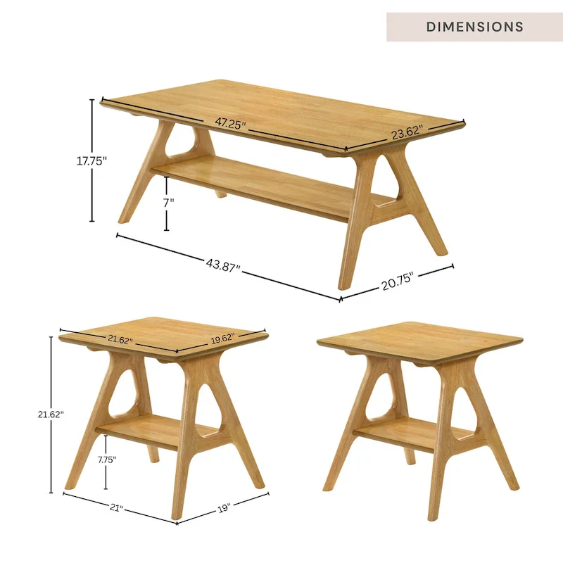 Mid-Century Modern Wood 3-Piece Coffee Table Set