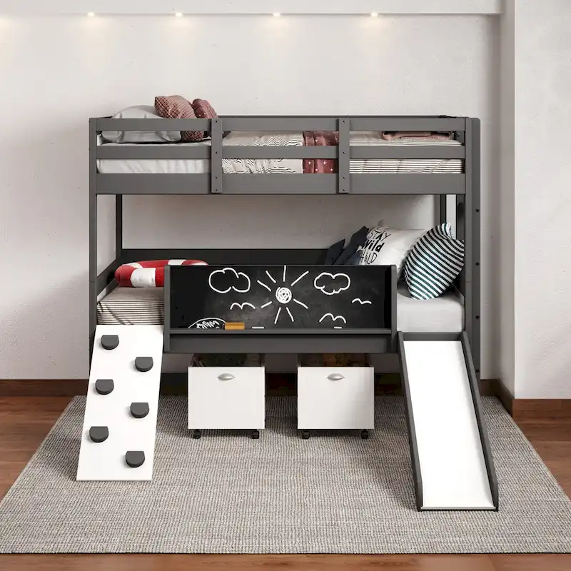 Dark Grey Twin-Over-Twin Bunk Bed with Slide & Chalkboard Rail, 2-Person