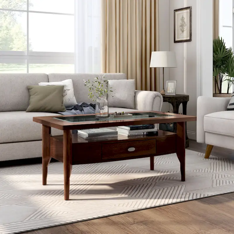 Traditional Walnut 44-inch 1-Drawer Glass Coffee Table