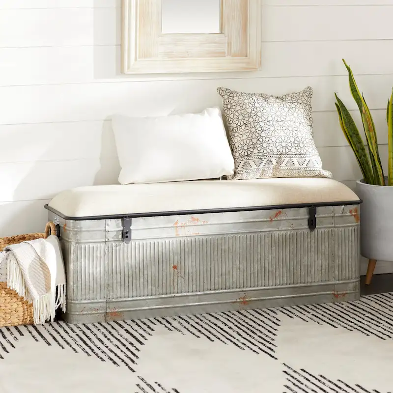 18-inch Grey Metal Fabric Bench