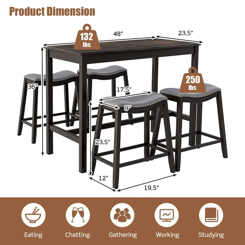 Costway 5PCS Bar Table Set Counter Height Table & Upholstered Saddle