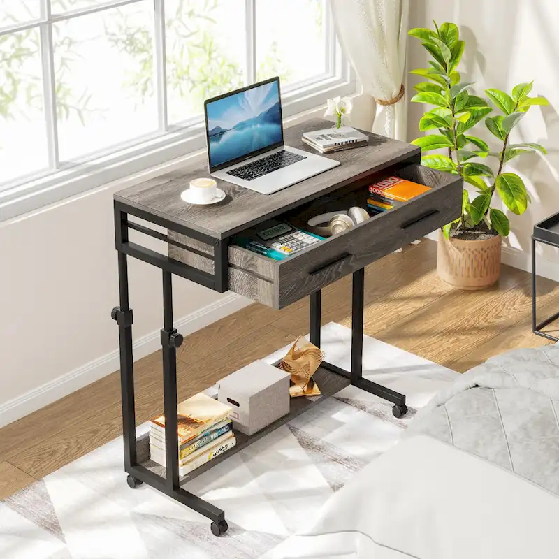 Height-Adjustable Side Table with Drawers and Wheels