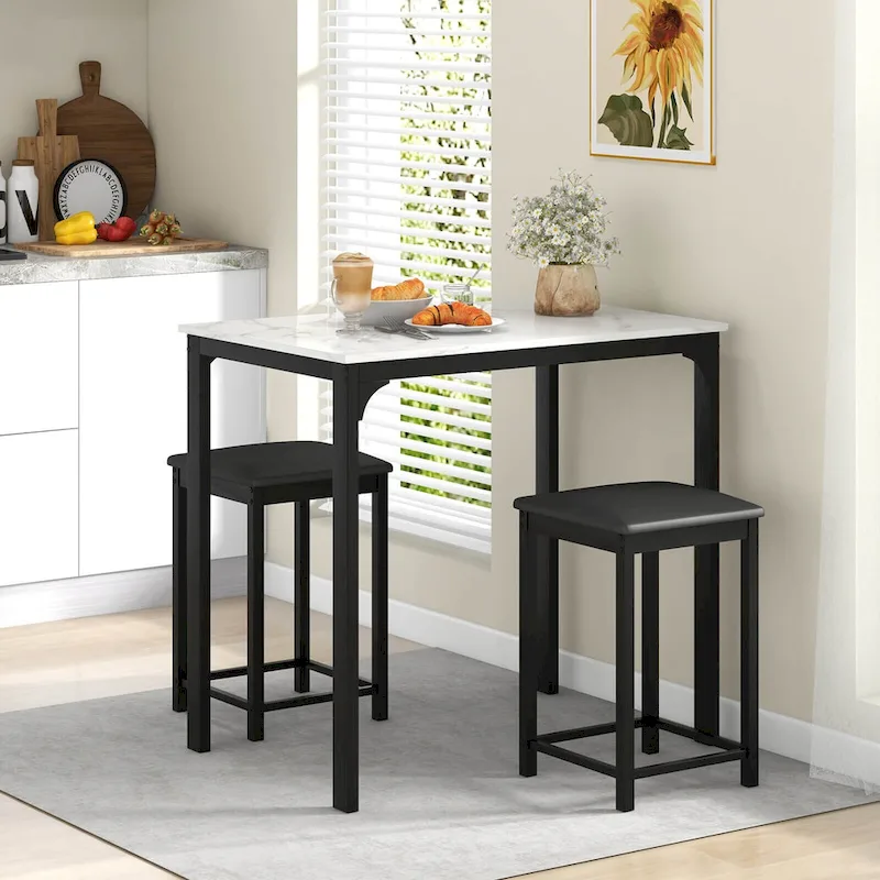 3 Piece Counter Height Dining Set Faux Marble Table 2 Chairs