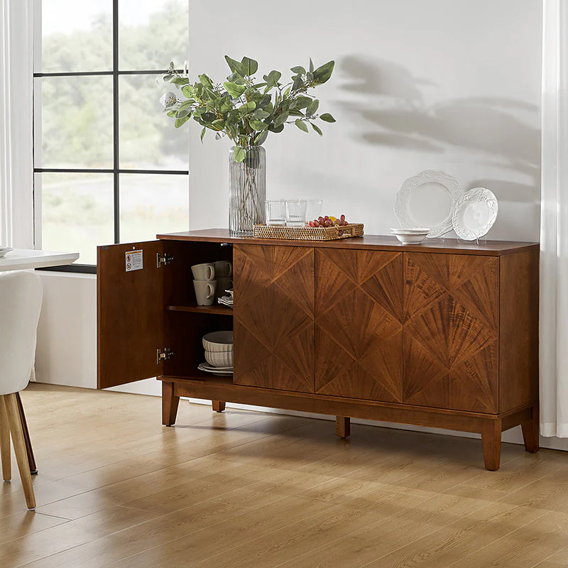 60 in Geometric Pattern 2-Door Sideboard with Push-to-Open Magnetic Doors, Adjustable Shelves & Rubberwood Legs | Walnut | Single