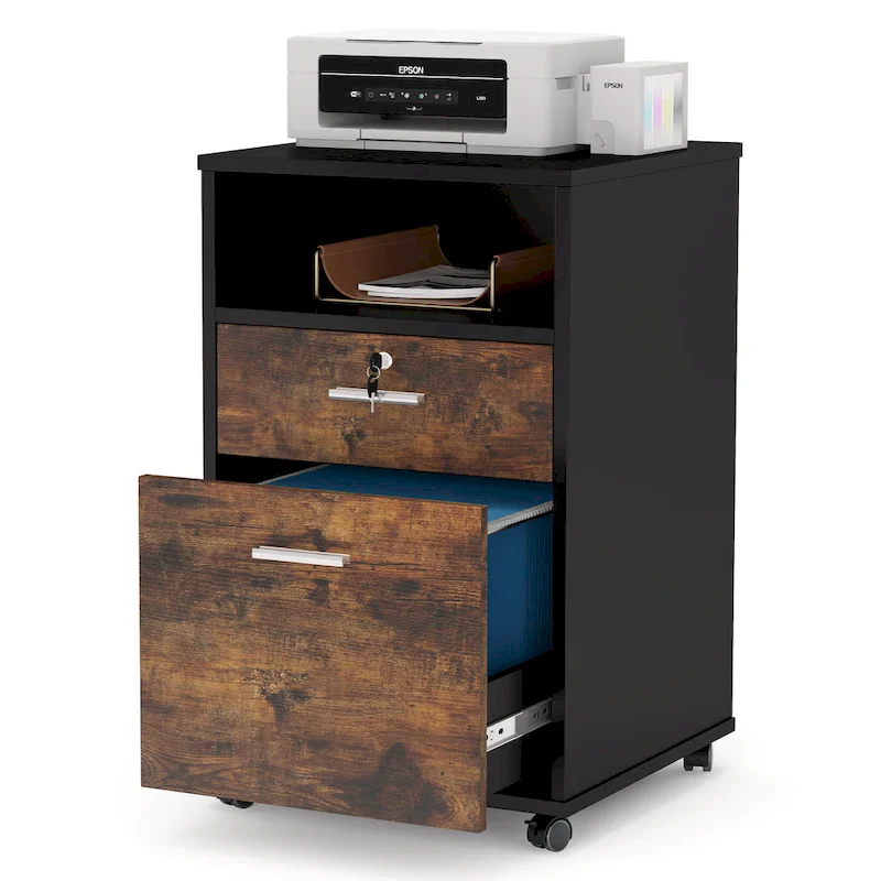 Mobile File Cabinet with 2 Locking Drawers and Wheels – Black / White / Vintage Brown