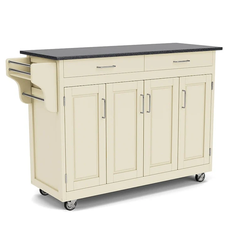 White Mobile Kitchen Cart with Black Granite Top, 1-Person Assembly