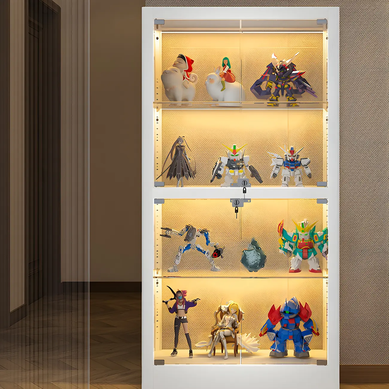 Adjustable Shelves White Glass Locking Curio Cabinet