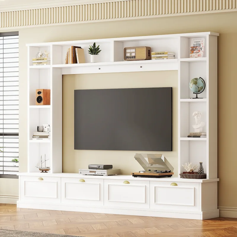 White / Black Large Entertainment Wall Unit with Bookshelves, 4 Cabinets & Gold Handles, Fits up to 78 Inch TV, 2-Person Assembly