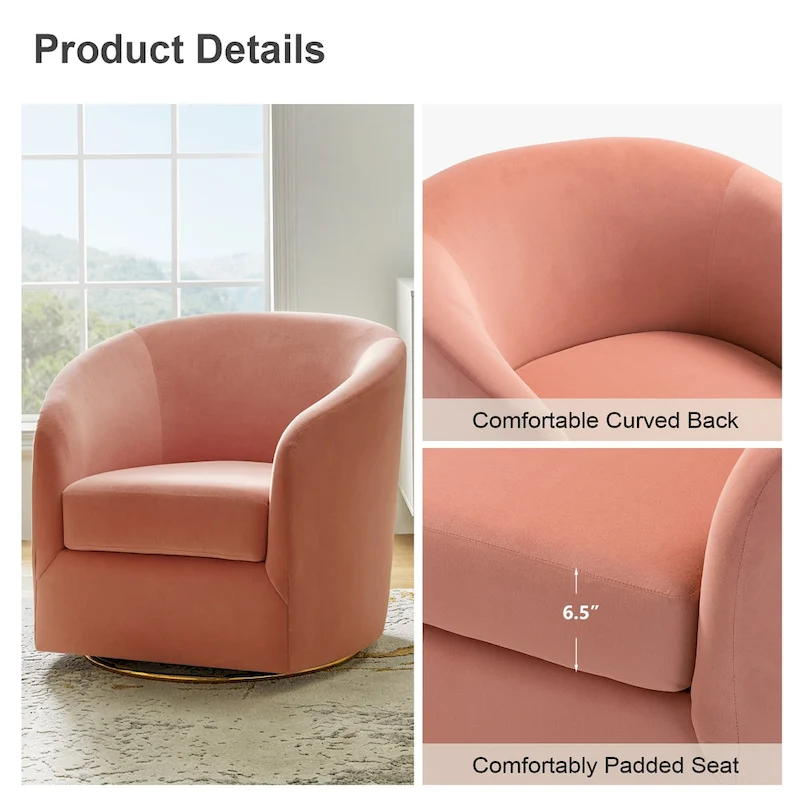 Eleuterio Modern Velvet Curved Swivel Accent Barrel Chair with Metal Base by HULALA HOME