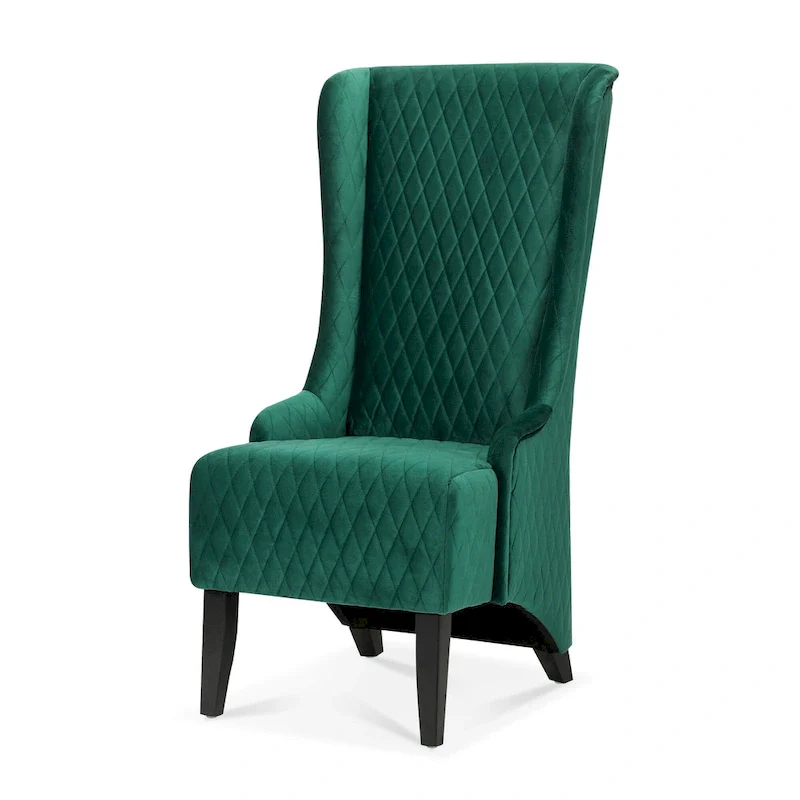 High-backed velvet wing-back chair with wooden legs
