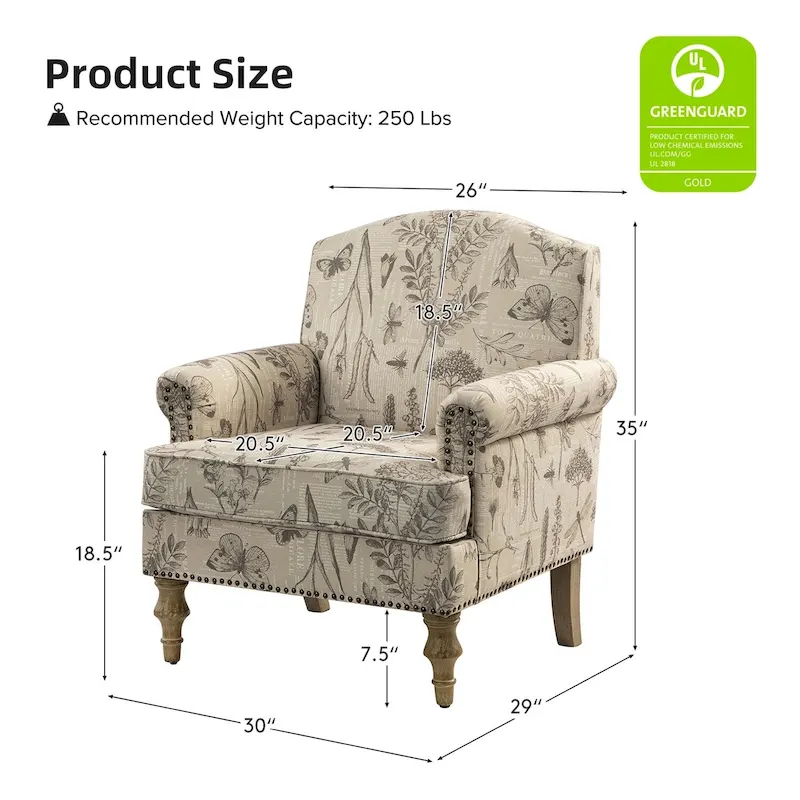 Grey/Navy Farmhouse Nailhead Camelback Armchair, 1-Person