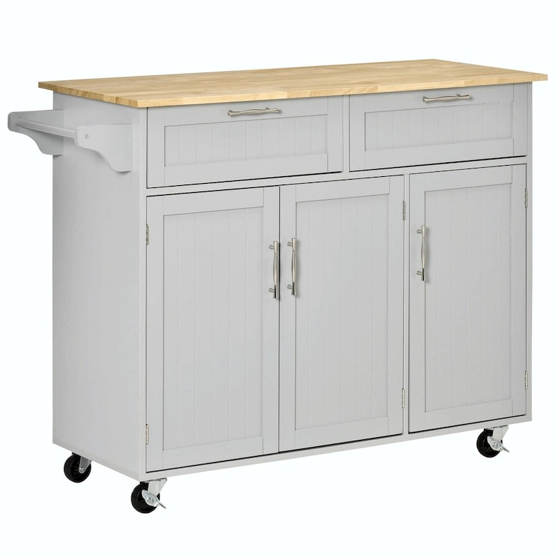 Mobile Kitchen Island with Wood Top, Drawers, Cabinets, Adjustable Shelves, and Towel Rack