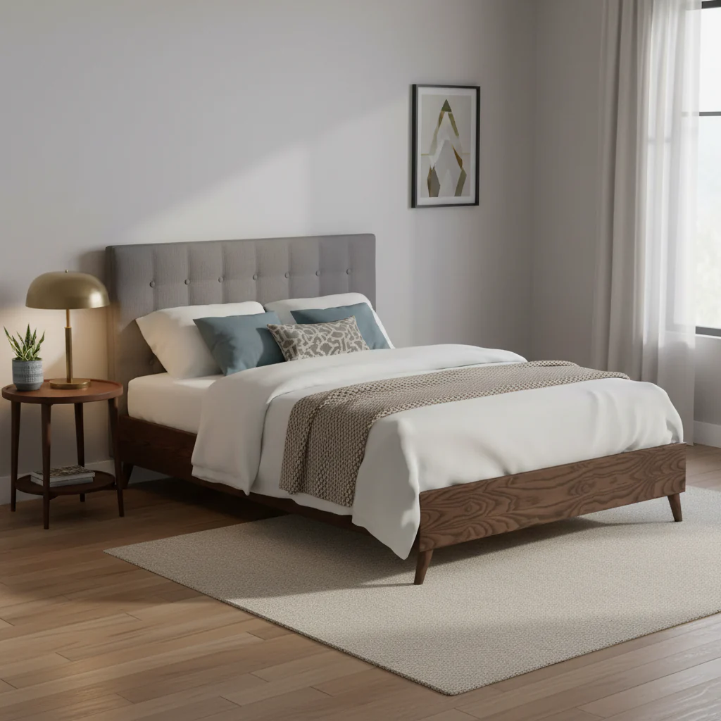 Medieval grey upholstered walnut platform bed