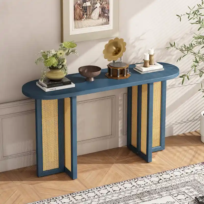 Rattan Console Table with Oval Top - Navy