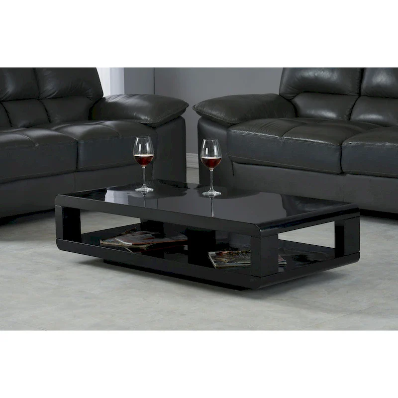 Black Glossy Wood-Top Coffee Table with Storage Shelf